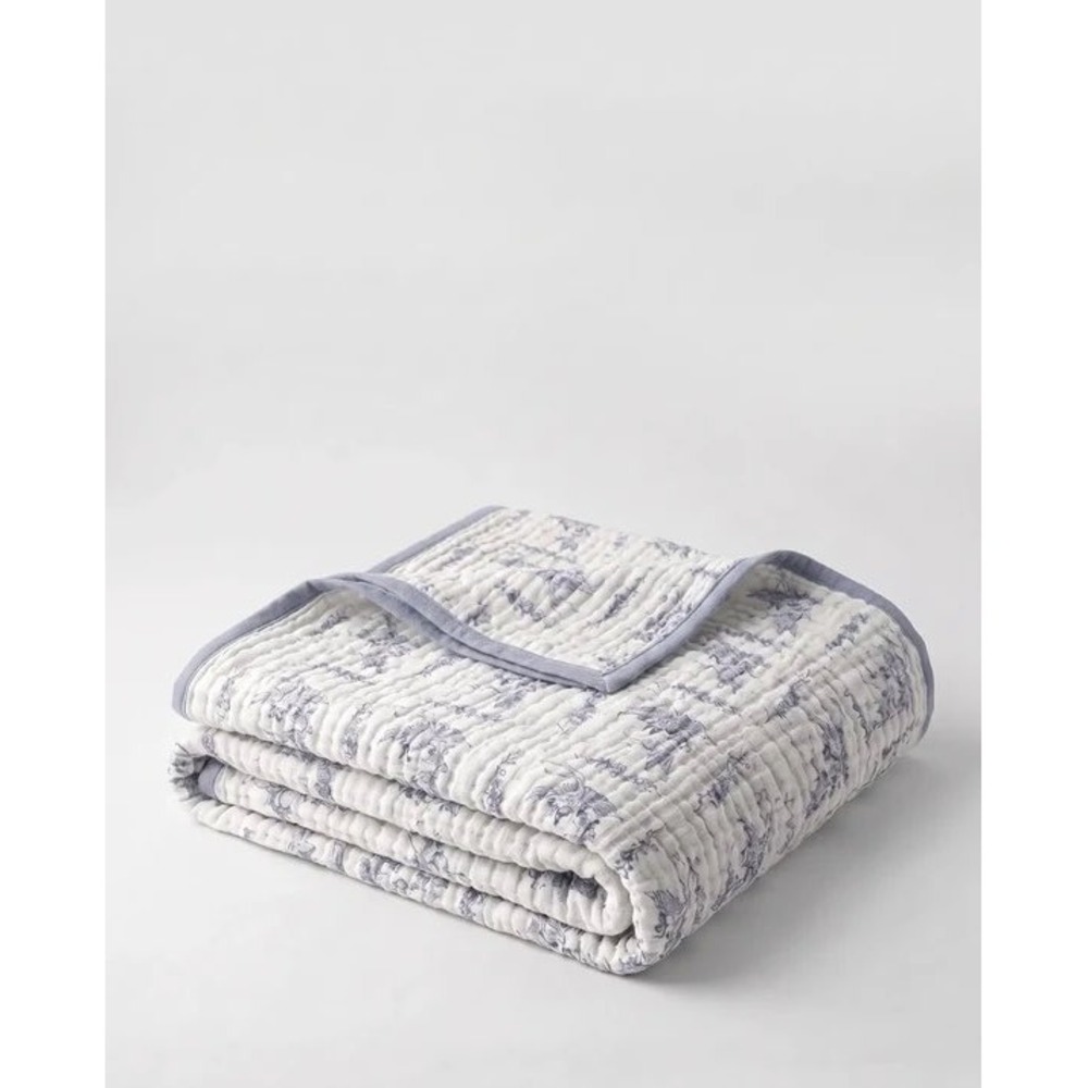 The Fleece Company Blue White Crane Toile Muslin Cotton Throw Blanket 150x200cm